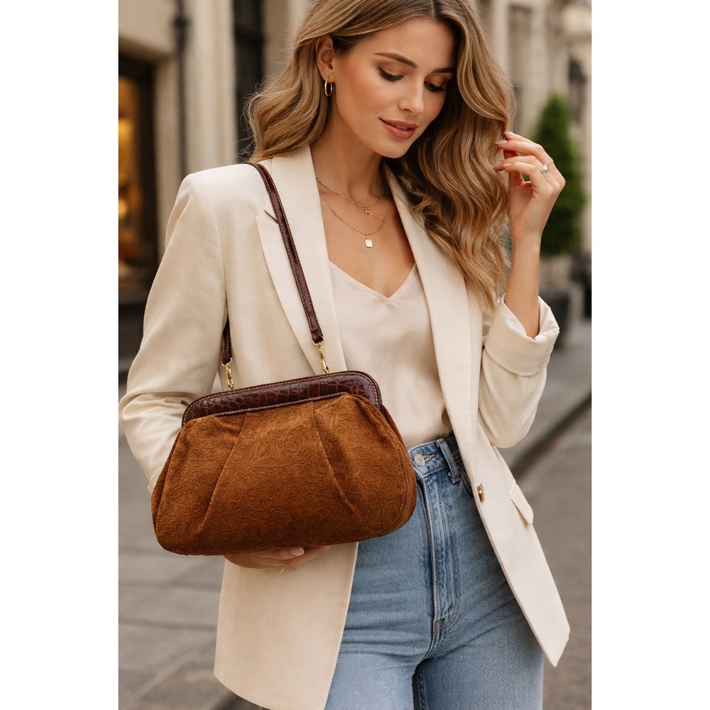 Vintage Furla Brown‎ Suede & Leather Shoulder Bag y2k